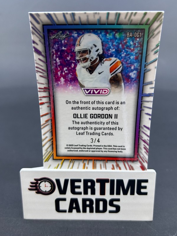 2025 Leaf Vivid Football Ollie Gordon II Orange Fireworks One of One Auto 1/1 view 2