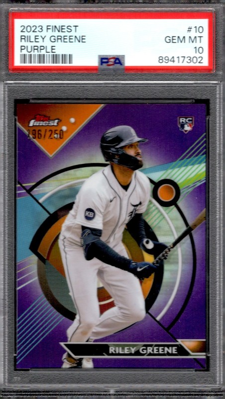 2023 Topps Finest Riley Greene Purple Refractor /250 PSA 10 GEM MINT Rookie RC view 1