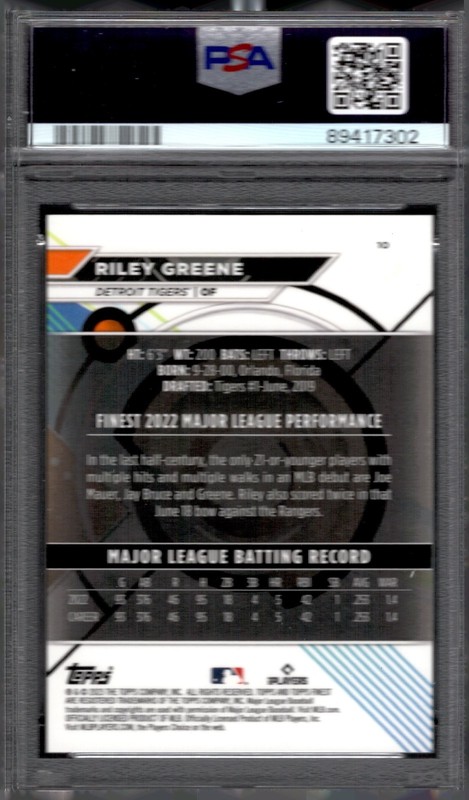 2023 Topps Finest Riley Greene Purple Refractor /250 PSA 10 GEM MINT Rookie RC view 2