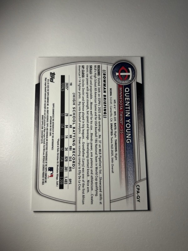 2025 Bowman Draft Quentin Young Twins 1st Bowman Chrome Auto CPA-QY view 2