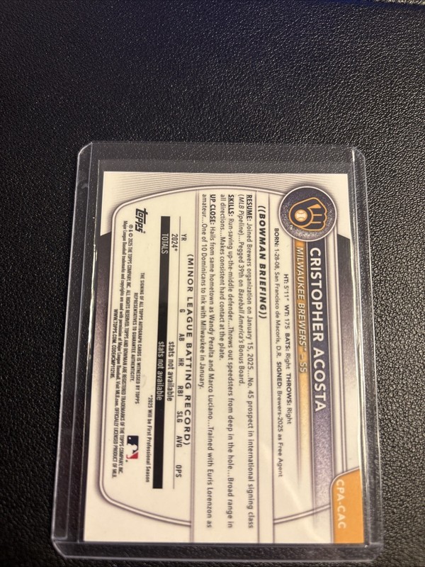 2025 Bowman Chrome 1st Christopher Acosta Auto Brewers SS Prospect CPA-CPC view 2