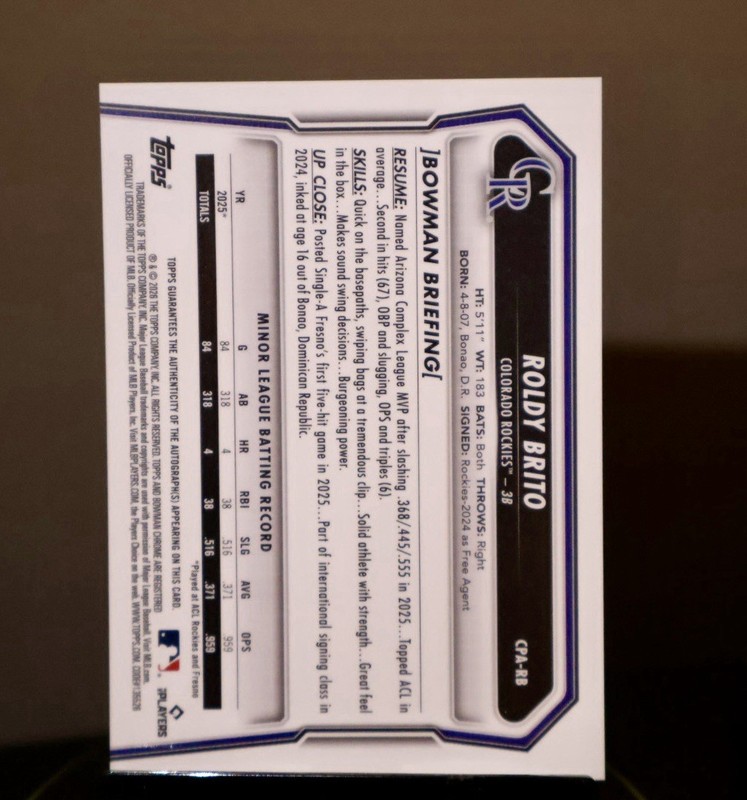 Bowman 2026 Bowman Chrome Roldy Brito 1st Bowman Auto #CPA-RB Rockies MLB view 2