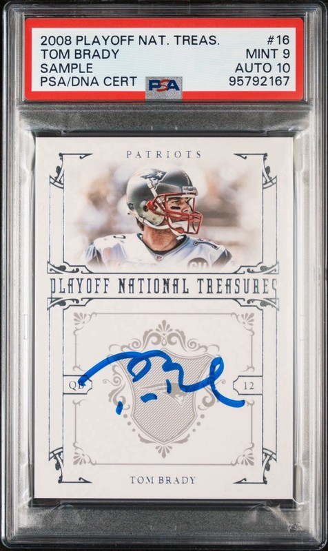 2008 PLAYOFF NATIONAL TREASURES SAMPLE #16 TOM BRADY AUTO PSA 9 DNA 10