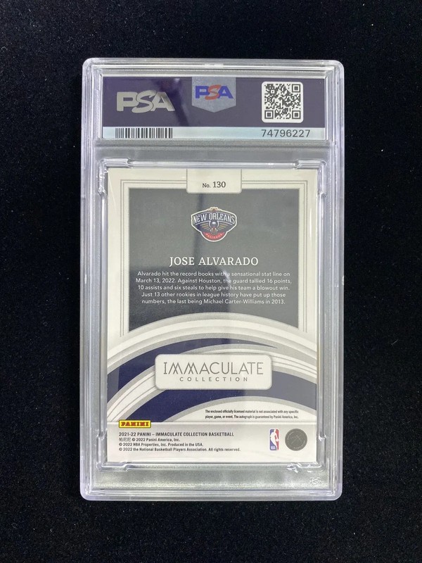 2021-22 Panini Jose Alvarado RC Patch Jersey Number RPA /15 PSA 9 Auto 10 JC22 view 2