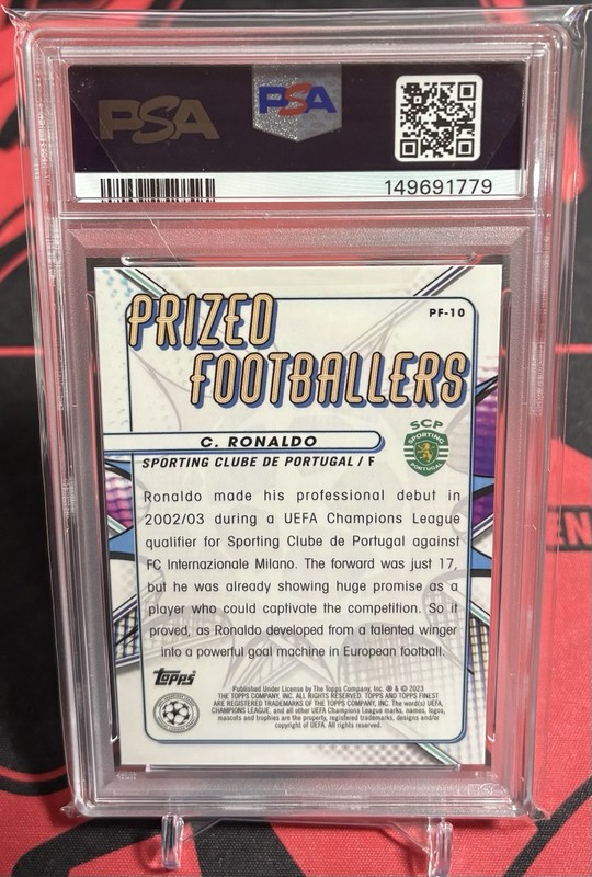 2022-23 Finest UCC Cristiano Ronaldo Prized Footballers PF10 PSA 10 view 2