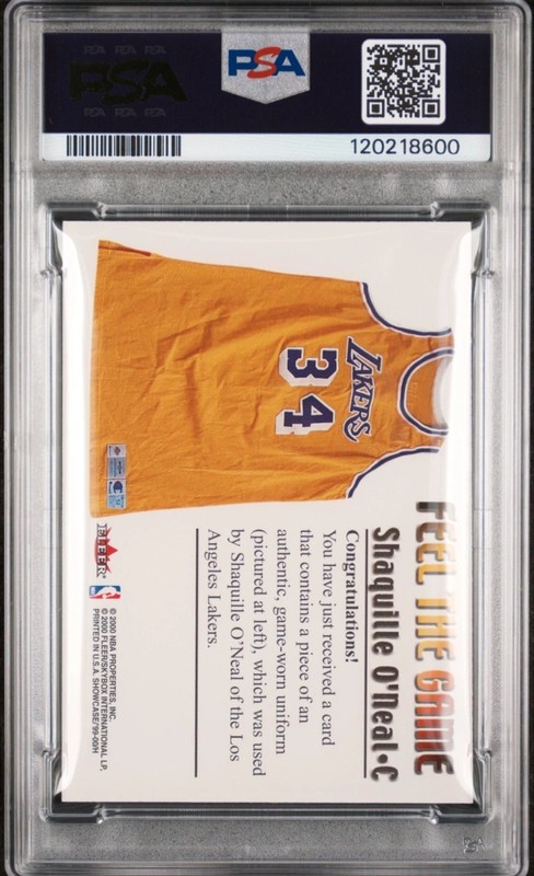 1999-00 Flair Showcase Feel the Game Worn Shaquille O'Neal Jersey Patch PSA 7 view 2