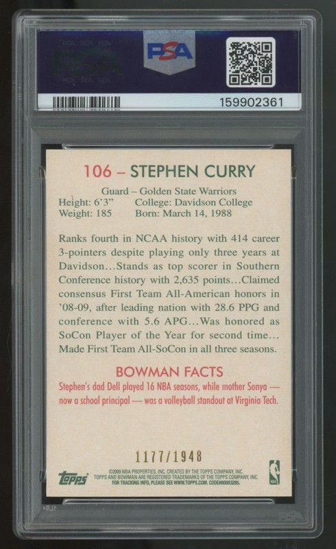 2009-10 Bowman '48 Stephen Curry RC Blue /1948 #106 PSA 8 view 2