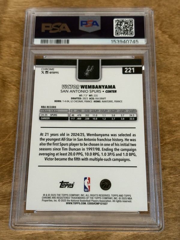2025 Topps Chrome Victor Wembanyama Red White Blue #221 PSA 10 GEM view 2