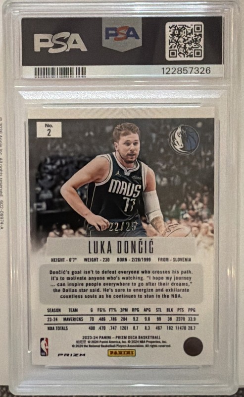 2023 Panini Prizm Deca Luka Doncic #2 - Mojo Prizm /25. PSA 10. view 2