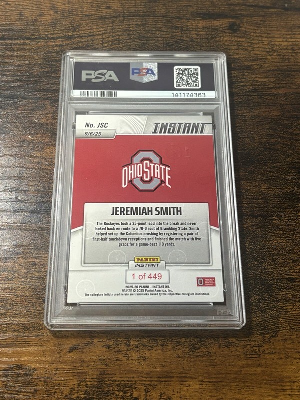 2025 PANINI INSTANT NIL COLLEGE FB #JSC JEREMIAH SMITH PSA 10 view 2