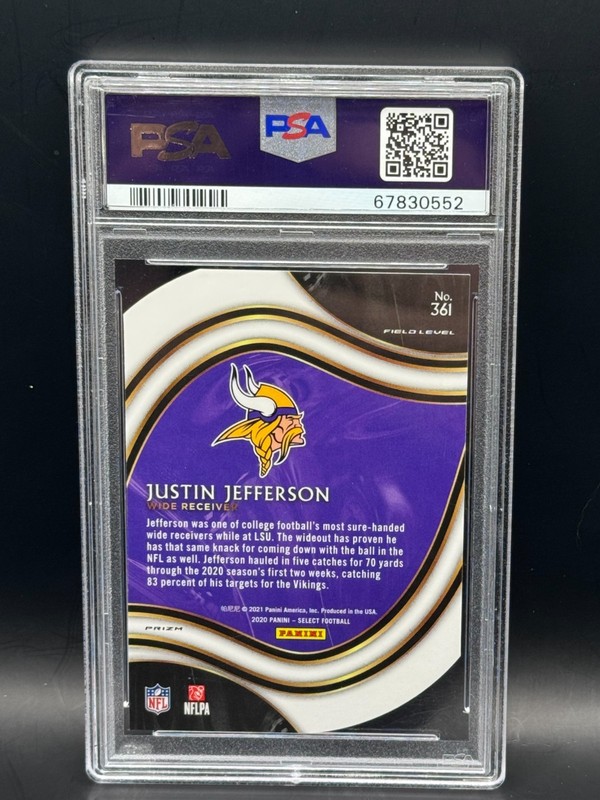 2020 Panini Select Justin Jefferson Die-Cut Light Blue Prizm PSA 9 view 2