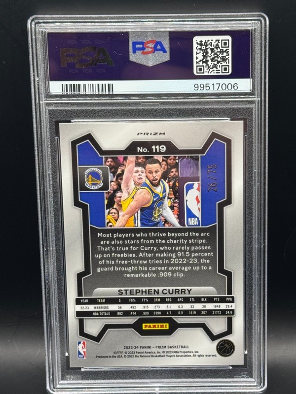 2023 Prizm Stephen Curry Purple Fast Break /75 PSA 10 view 2