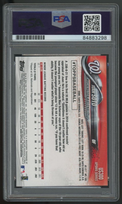 2018 Topps Update Juan Soto RC Signed IP Auto #US300 PSA 10 Auto Certified view 2