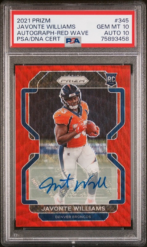Javonte Williams 2021 Panini Red Wave Prizm #345 RC Rookie AUTO /149 PSA 10