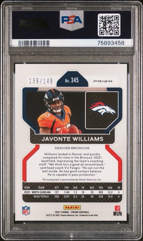 Javonte Williams 2021 Panini Red Wave Prizm #345 RC Rookie AUTO /149 PSA 10 view 2
