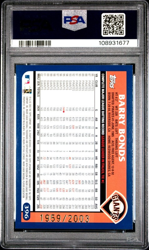 2003 Topps Barry Bonds Gold /2003 #396 - PSA 8 - POP 3, NONE HIGHER view 2