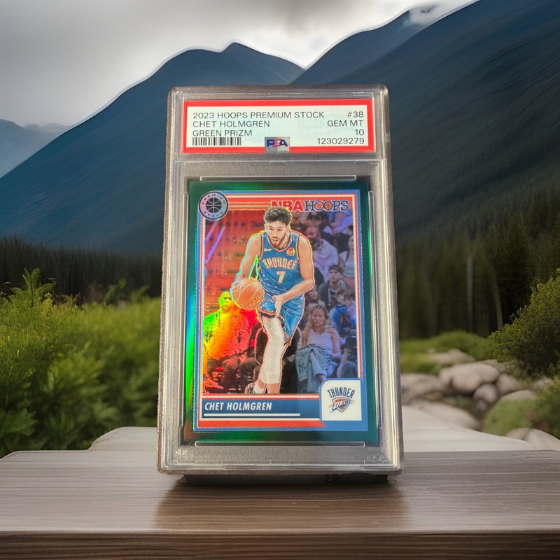 2023 Panini NBA Hoops Premium Stock Chet Holmgren 38 Green Prizm /75 PSA 10 POP2