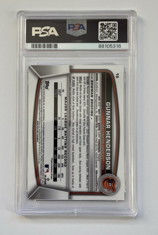 2023 Bowman Chrome Sapphire Gunnar Henderson Aqua /99 Rookie PSA 10 Orioles view 2
