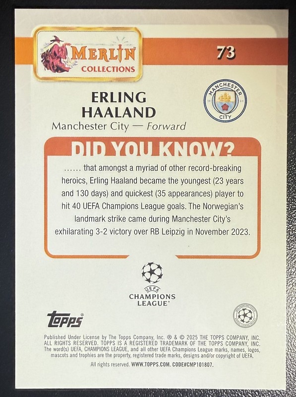 2024-25 Topps Merlin UEFA Erling Haaland Blue Refractor #73 96/150 view 2