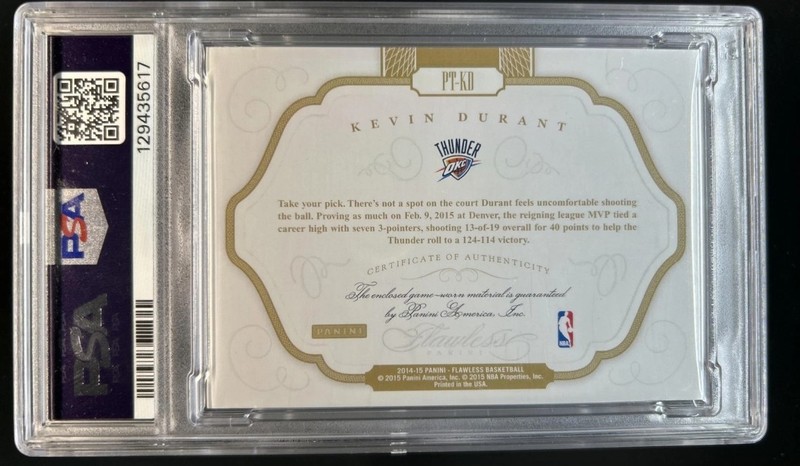 2014-15 Panini Flawless Kevin Durant Gold Patch /10 PSA 9 Game Worn Thunder SSP view 2
