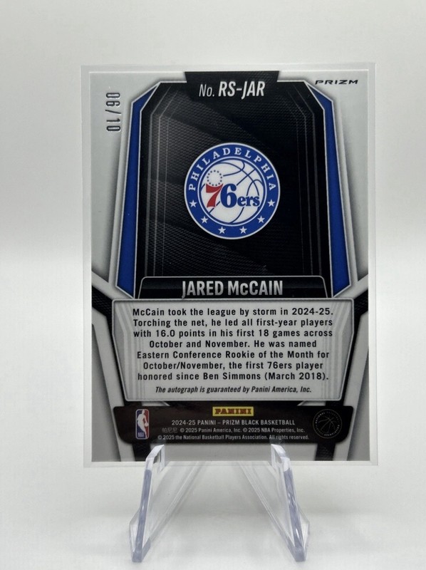 2024 - 25 Prizm Black #RS-JAR Jared McCain Gold Auto 6/10 RC 76ers SP view 2
