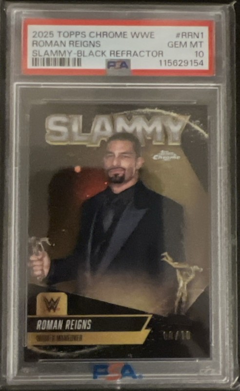 2025 Topps Chrome WWE Roman Reigns Slammy Black Refractor /10 PSA 10