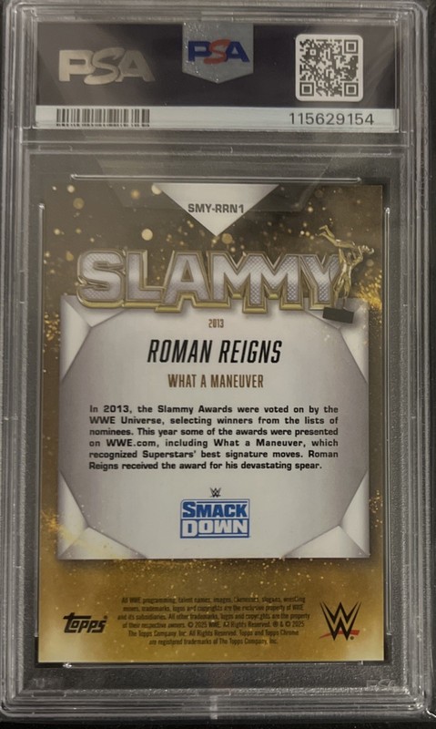 2025 Topps Chrome WWE Roman Reigns Slammy Black Refractor /10 PSA 10 view 2