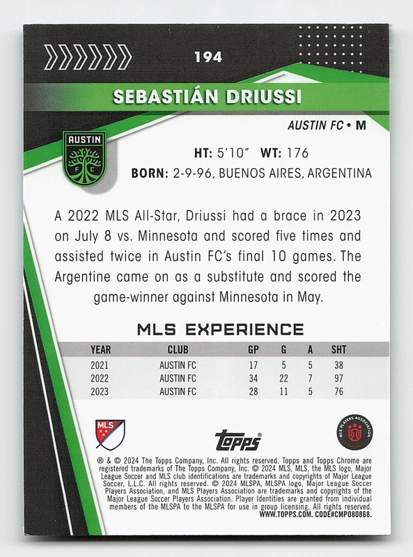 2024 Topps Chrome Sapphire Edition MLS #194 Sebastián Driussi view 2