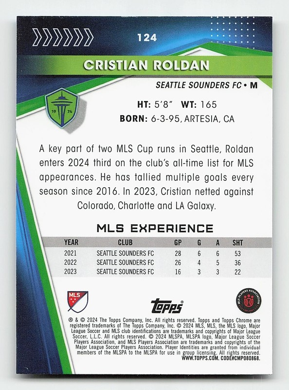 2024 Topps Chrome Sapphire Edition MLS #124 Cristian Roldan view 2