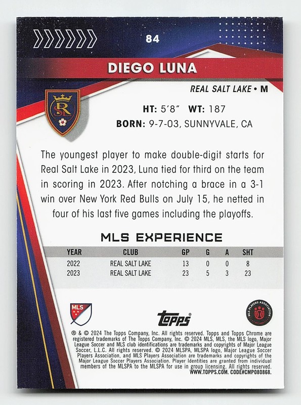 2024 Topps Chrome Sapphire Edition MLS #84 Diego Luna view 2