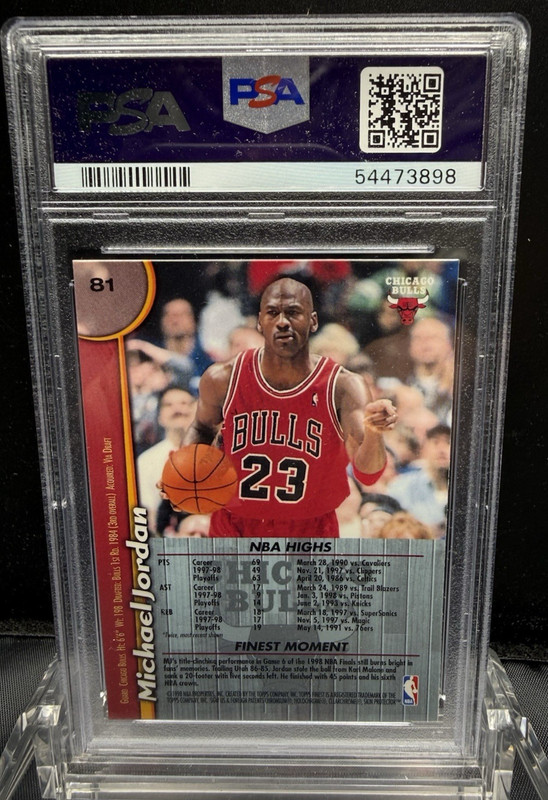 1998   TOPPS  FINEST  MICHAEL   JORDAN   W/COATING  #81    PSA 7 view 2