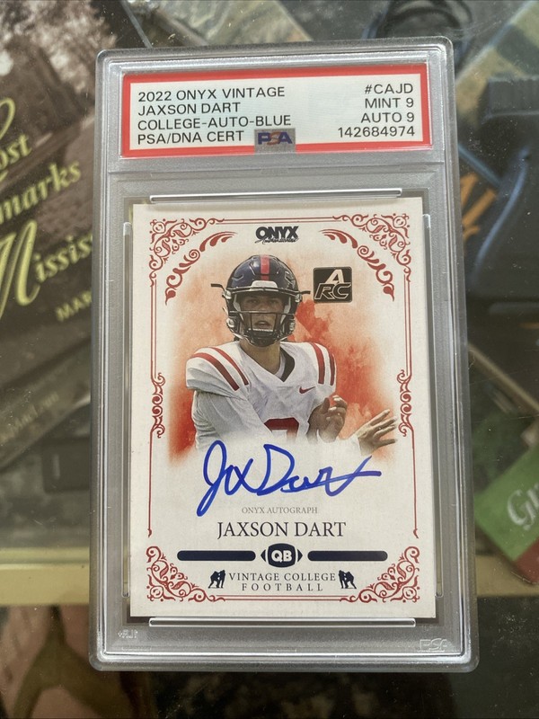 Jaxson Dart 2022 Onyx Vintage College Blue On Card RC Auto SP PSA 9 