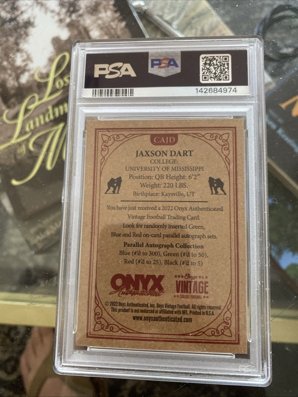 Jaxson Dart 2022 Onyx Vintage College Blue On Card RC Auto SP PSA 9  view 2