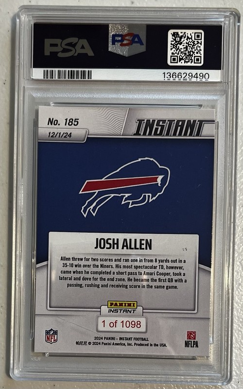 JOSH ALLEN - 2024 Panini Instant NFL #185 - Allen Makes History /1098 PSA 10 GEM view 2