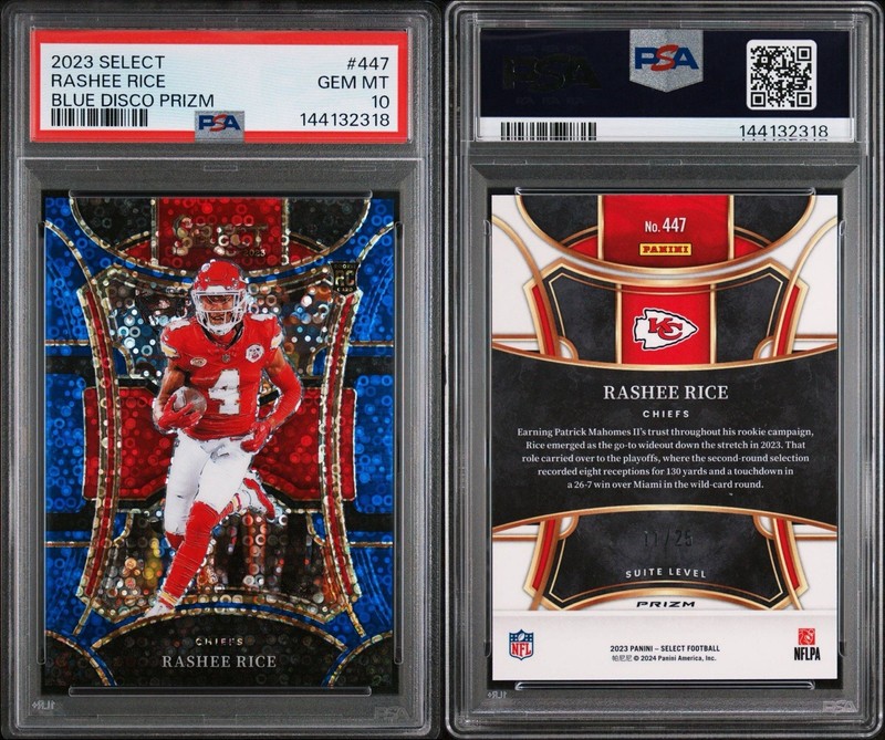 2023 Panini Select Blue Disco Prizm #447 Rashee Rice Rookie RC /25 Chiefs PSA 10