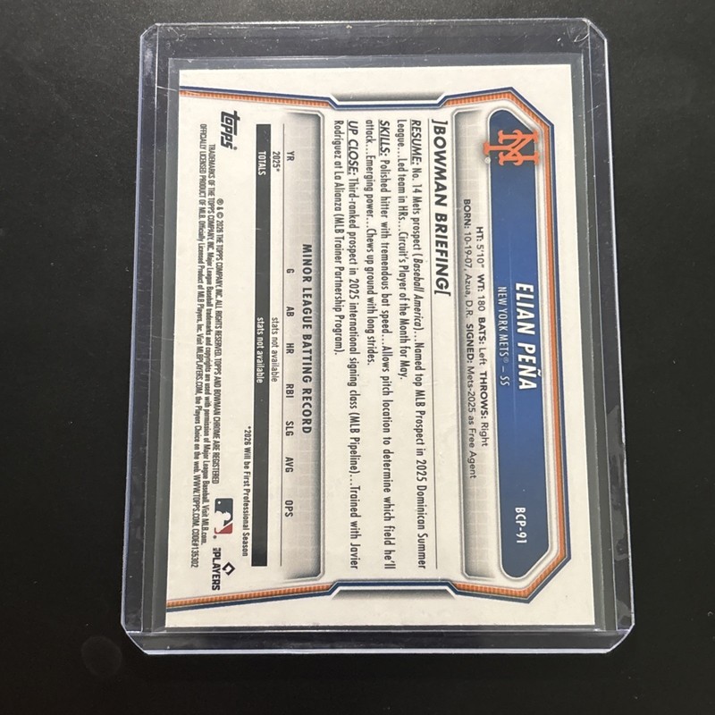 2026 Bowman Chrome Purple Refractor /250 Elian Pena Mets Prospect BCP-91 view 2