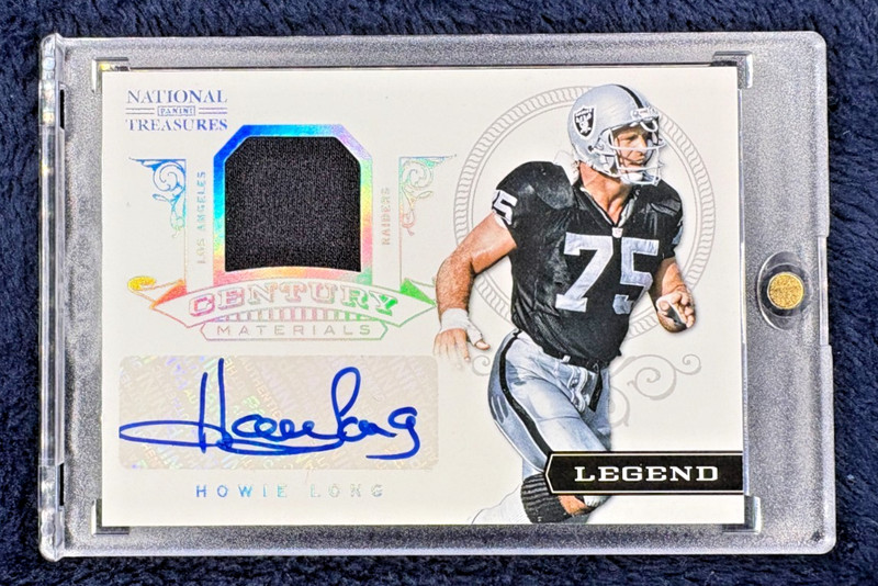 2012 NATIONAL TREASURES HOWIE LONG GAME-USED PATCH AUTO SSP /25 HOF RAIDERS