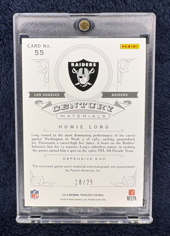 2012 NATIONAL TREASURES HOWIE LONG GAME-USED PATCH AUTO SSP /25 HOF RAIDERS view 2