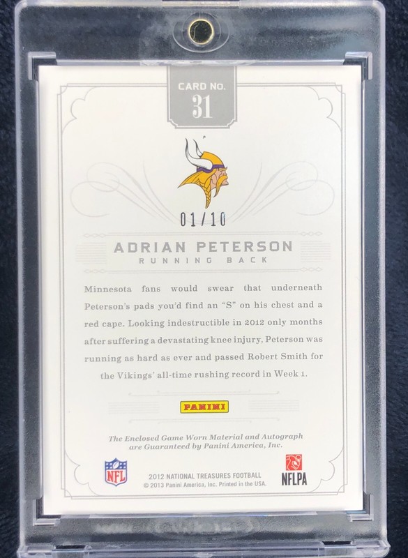 2013 NATIONAL TREASURES ADRIAN PETERSON GAME-USED PATCH AUTO 1/10 EBAY 1/1 HOF view 2