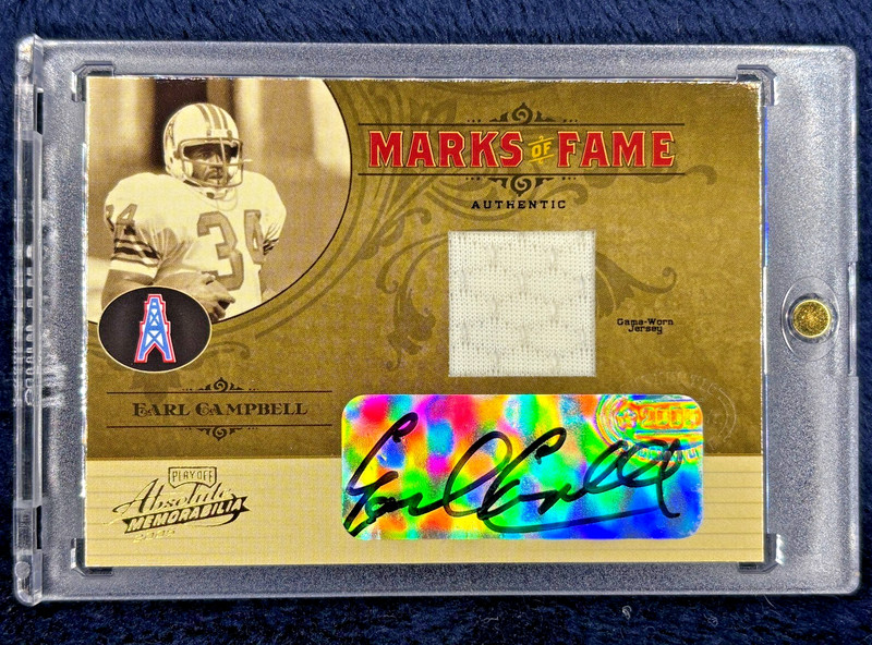 2005 PLAYOFF EARL CAMPBELL GAME-USED PATCH AUTO SP /100 HOF OILERS