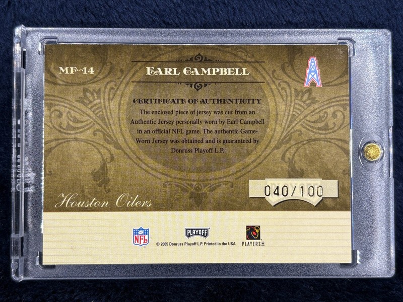 2005 PLAYOFF EARL CAMPBELL GAME-USED PATCH AUTO SP /100 HOF OILERS view 2