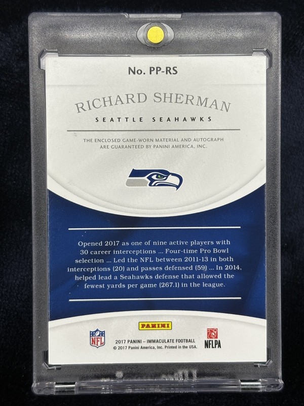 2017 IMMACULATE RICHARD SHERMAN GAME-USED PATCH AUTO ON-CARD SSP 1/3 HOF? view 2