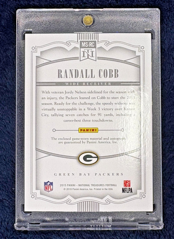 2015 NATIONAL TREASURES RANDALL COBB GAME-USED DIRTY PATCH AUTO SSP /25 view 2