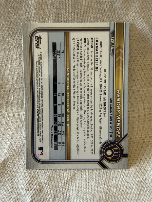 2022 Bowman Chrome Prospects - Hendry Mendez #BCP-88 Auto Autograph MIL PHI 1st view 2