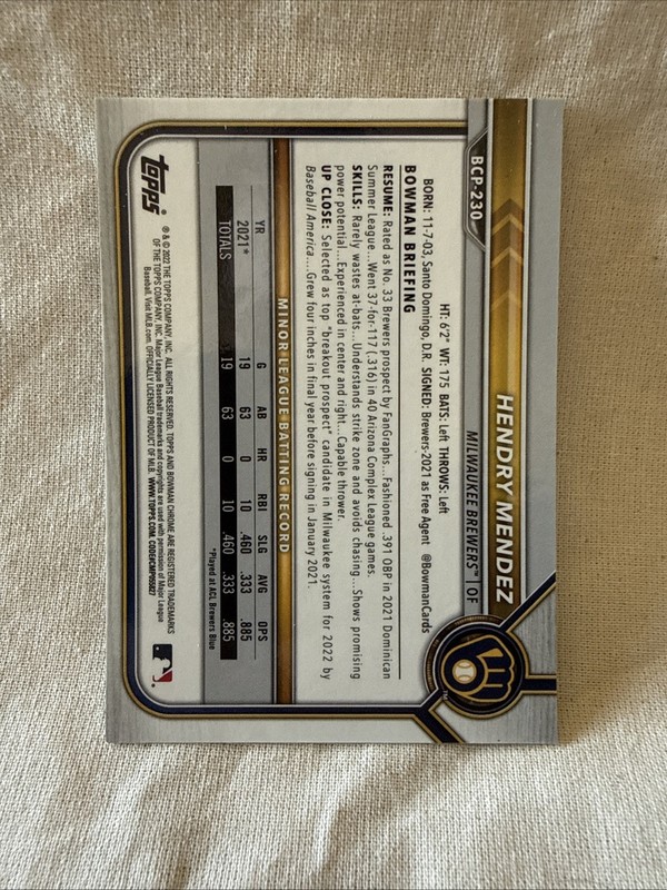2022 Bowman Chrome Prospects - #BCP-230 Hendry Mendez Auto Autograph MIL PHI view 2