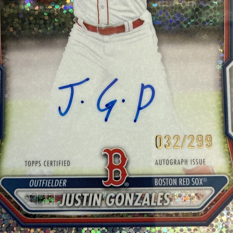 2026 Bowman Chrome 1st Bowman Speckle Auto /299 Justin Gonzales CPA-JG Red Sox view 2