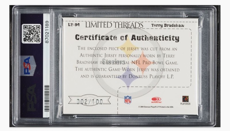 2004 Leaf Limited Limited Threads Terry Bradshaw Game Worn Patch /100 PSA 9 MINT view 2