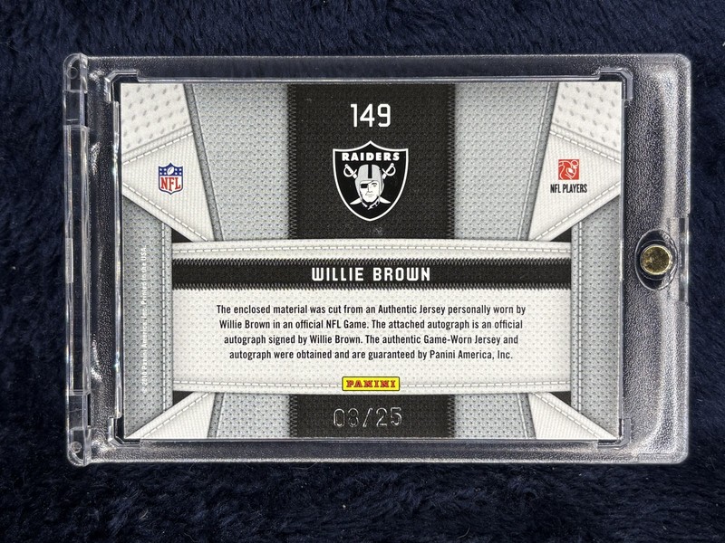 2010 CERTIFIED WILLIE BROWN PIECES OF THE GAME GAME-USED PATCH AUTO SSP /25 HOF view 2