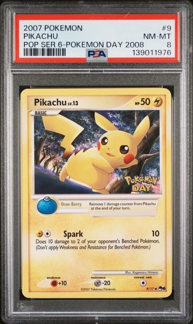 PSA 8 PIKACHU 9 POP SERIES 6 STAMPED POKEMON DAY NM- MINT