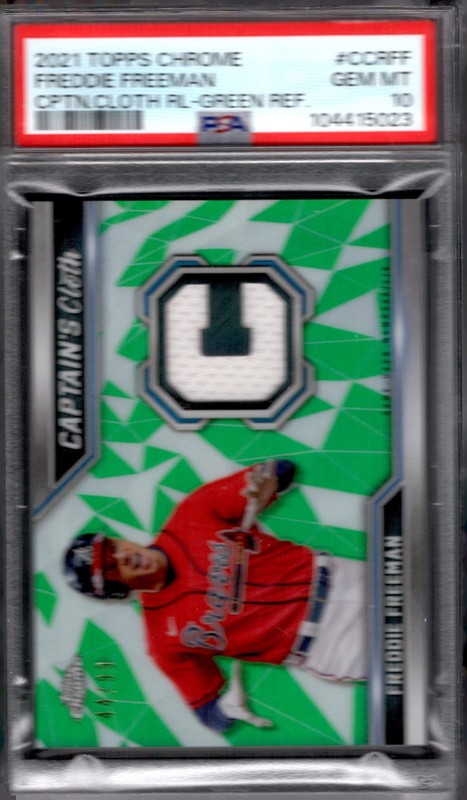 Freddie Freeman 2021 Topps Chrome Captain's Cloth Relic Green-REF/99 PSA 10 GEM